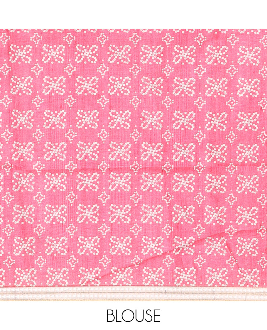 Pink Semi-Tussar Saree Featuring Horizontal Stripe Prints, Accentuated by a Subtle Resham Thread Temple-Designed Border, with a Pallu Highlighted by Intricate Circular Motifs, Paired with a Contrast Bandhani Blouse