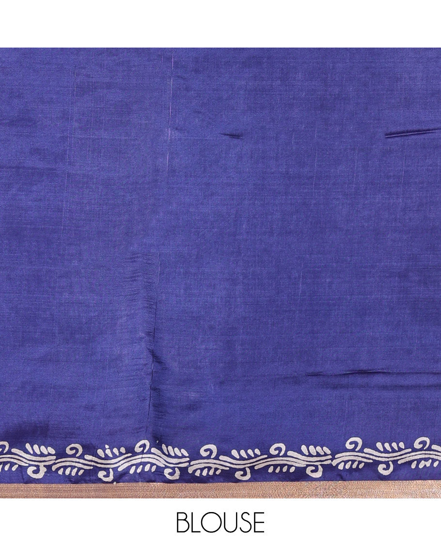 Blue geometric batik printed banana pith saree, printed piping border, paisley motifs steeped pallu, and a matching blouse