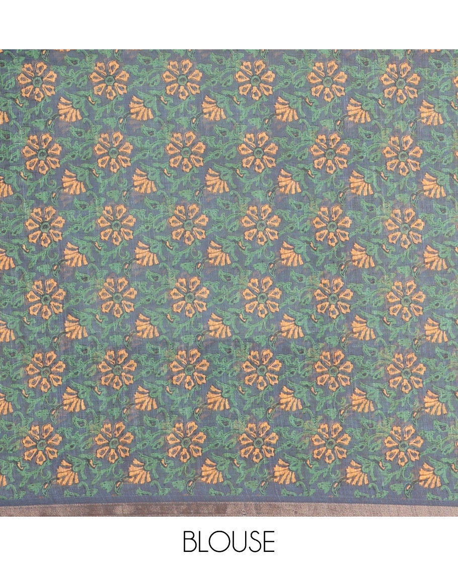 Mustard Linen Cotton Saree, Adorned with Shibori Prints on Its Body, Subtle Contrast Piping Border, Pallu of Floral Print, and Paired with a Matching Blouse