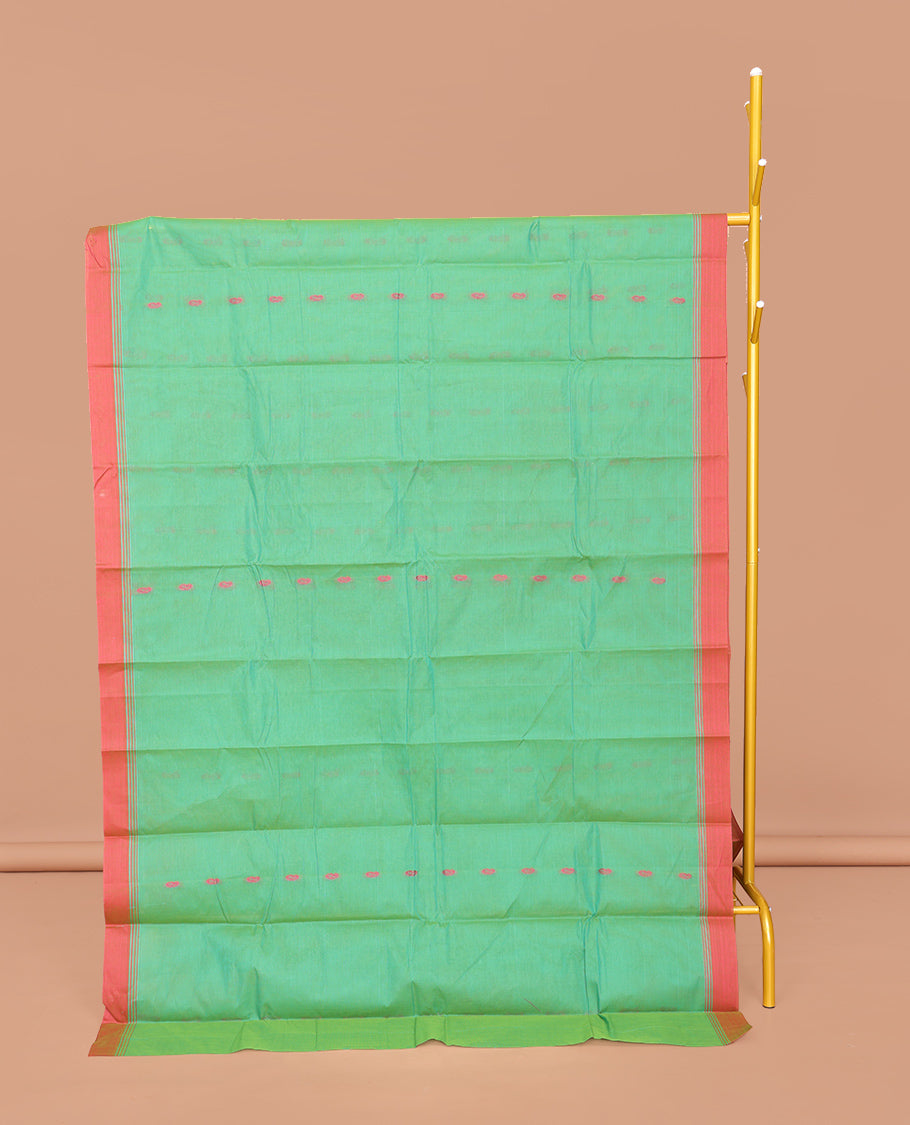 Green Kanchi Cotton Saree, Ornamented with Buttas All Over Its Body, Complemented by a Contrast Border, Pallu of Geometric Designs, and Paired with a Matching Blouse