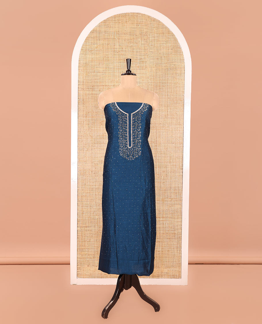 Blue Vichitra Silk Material Churidar Set, Gleamed Up with Swarovski Stone Work and Neck Work Top, Comes with a Plain Santoon Bottom, and Is Paired with Nc Moss Organza Floral Jaal Design Dupatta