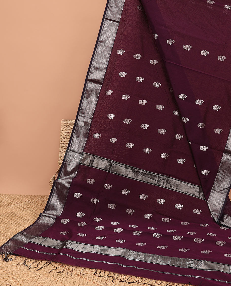 Maroon Maheshwari cotton saree with paisley buttas, traditional zari border & zari paisley pallu