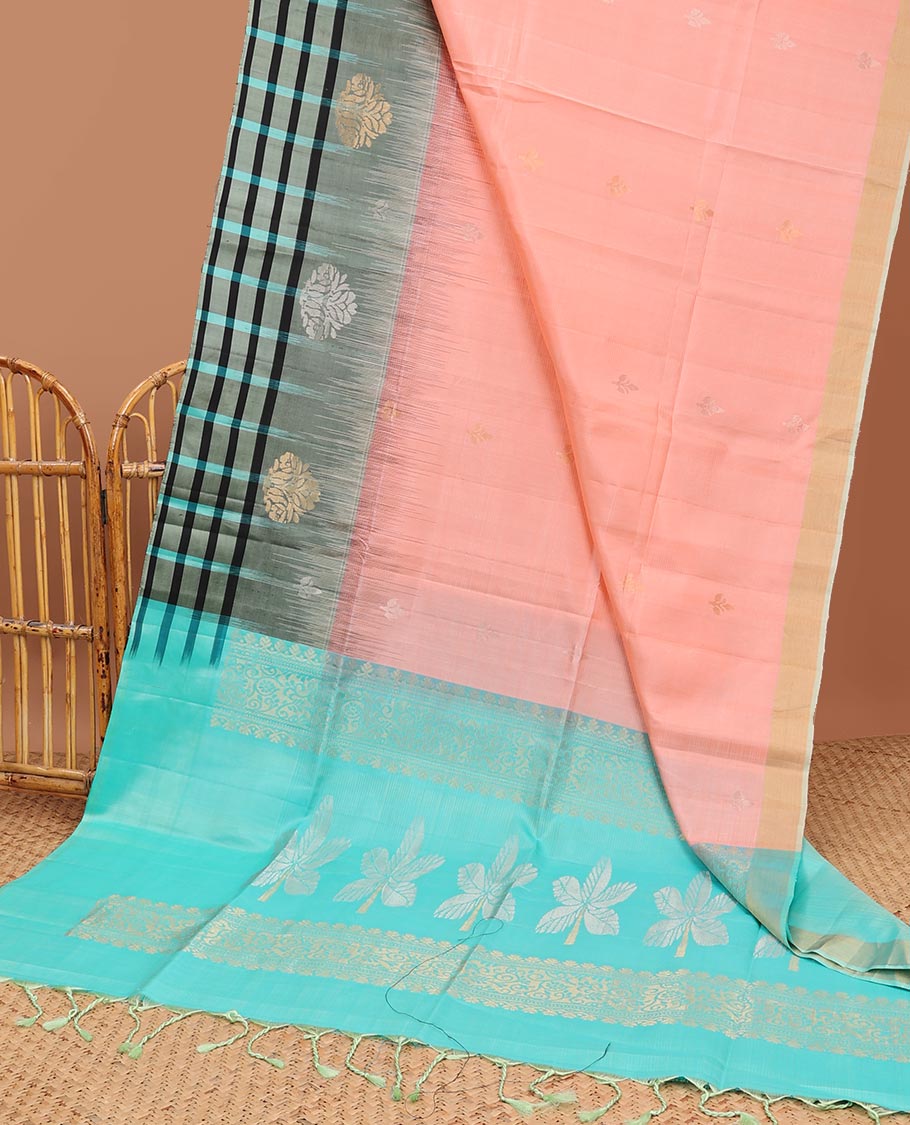 Pink floral buttas soft silk saree with contrast checked border & floral zari design
