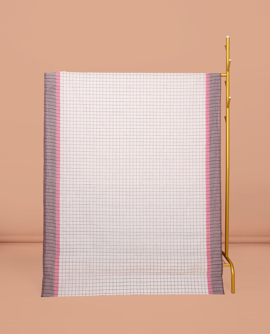 Off-white Checked Chirala Cotton Saree, a Contrast Border, Striped Pallu, and a Contrast Blouse