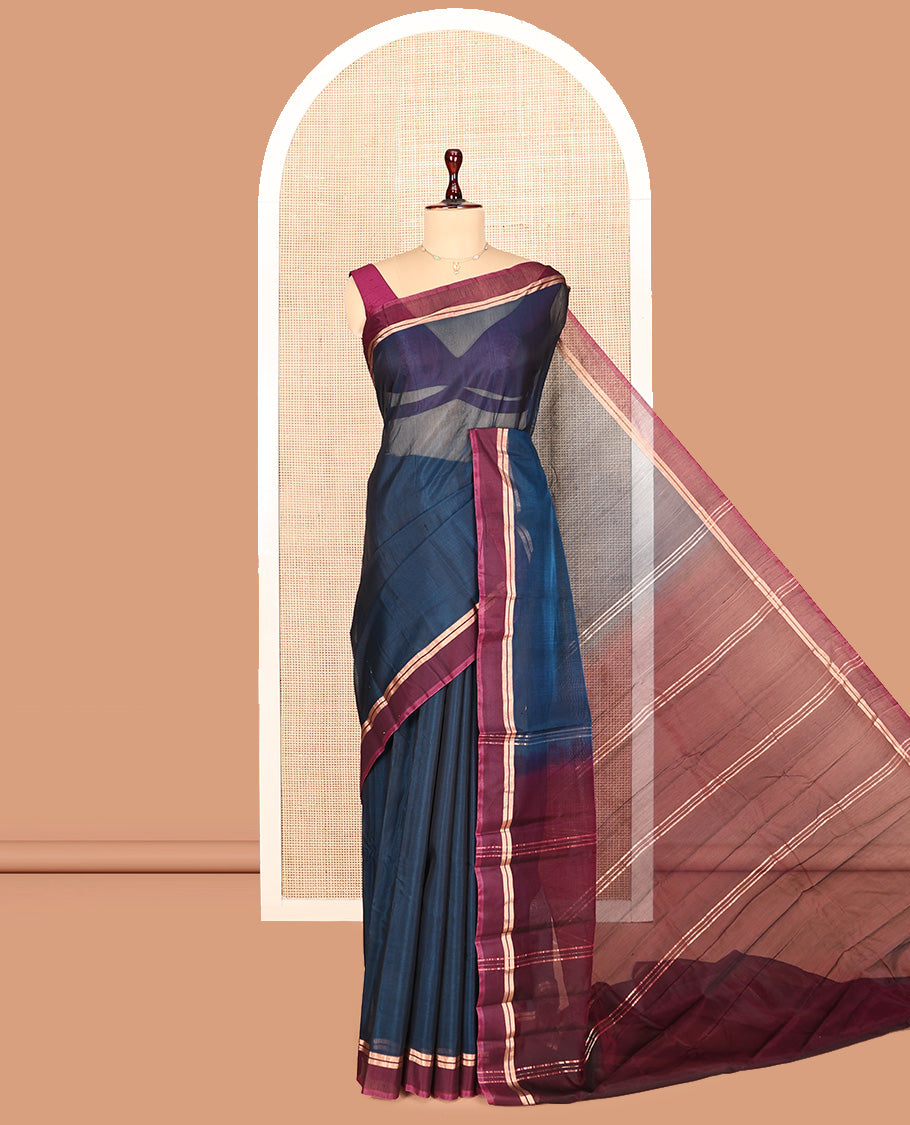 Peacock Blue Plain Silk Cotton Saree