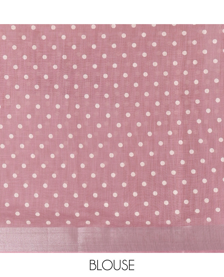 Cream and Purple Plain Linen Cotton Saree, Subtly Ombre-Style Dual-Color Dye on Its Body, Subtle Bavanji Zari Border, Pallu Features Rangoli-Style Patterns Print, and Paired with a Polka Dots Printed Blouse