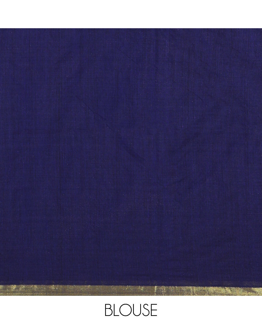 Borderless Navy Blue Khadi Mul Cotton Saree, Elevated with Big Floral Motifs on Its Body, a Self-Pallu, and Paired with a Matching Blouse