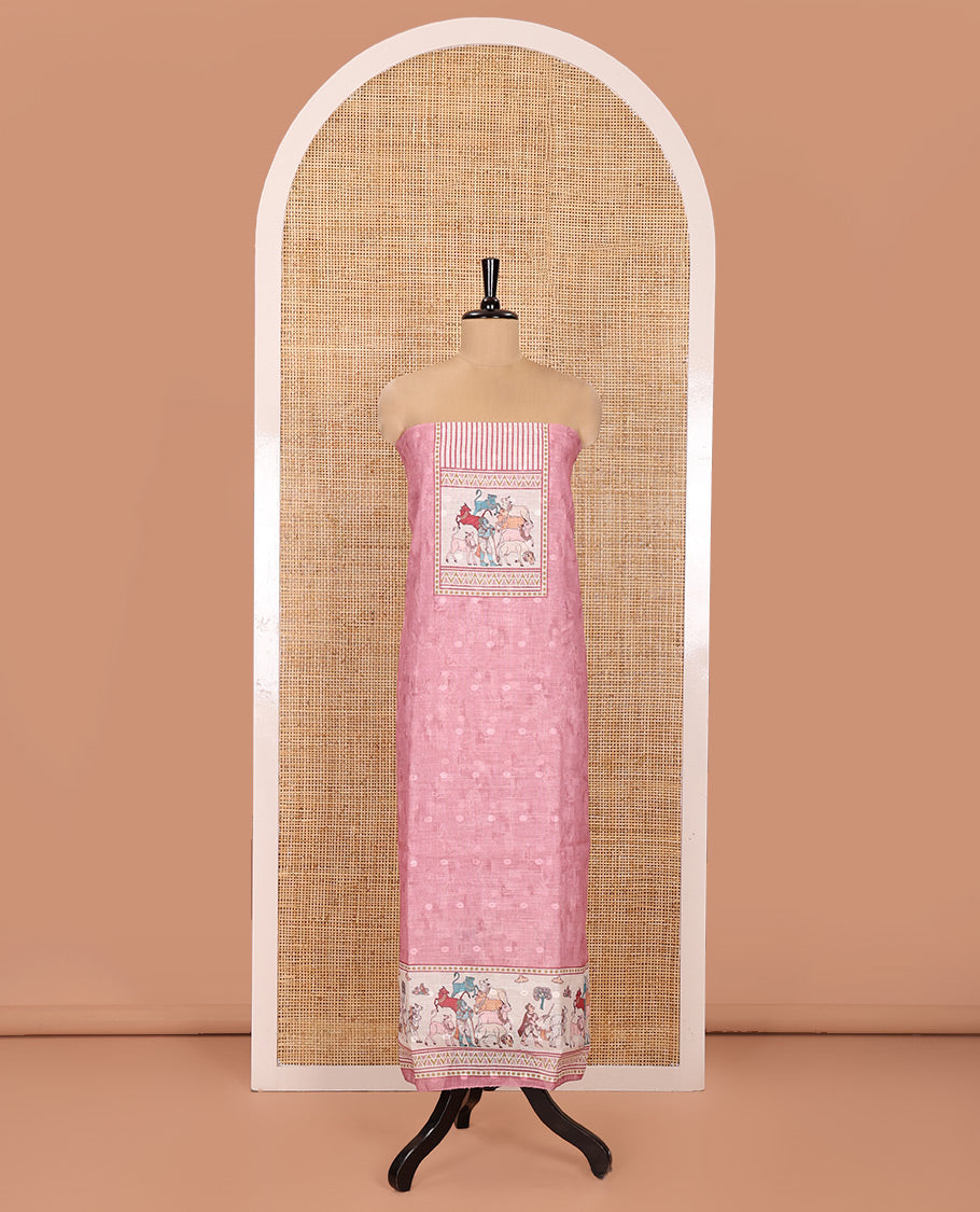 Pink Material Churidar Set, Sparsely Woven with Buttas and Pichwai Cow Printed Semi-Linen Top, Comes with a Contrast Plain Santoon Bottom, Santoon Dupatta of Unique Pichwai and Human Figurines Print