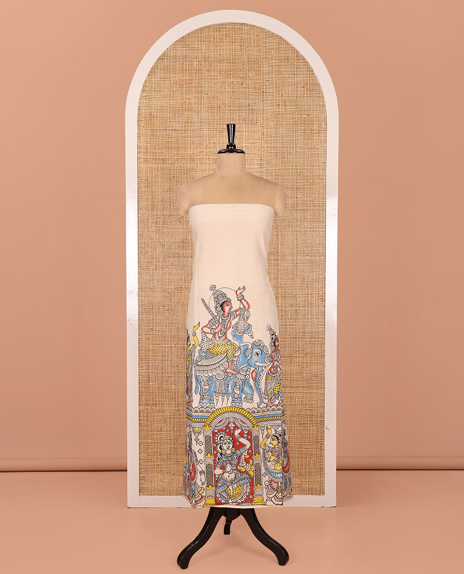 Cream-Red Cotton Material Chudidar Features Kalamkari Ancient Humans Printed Top, Contrast Bottom, Kalamkari Dupatta