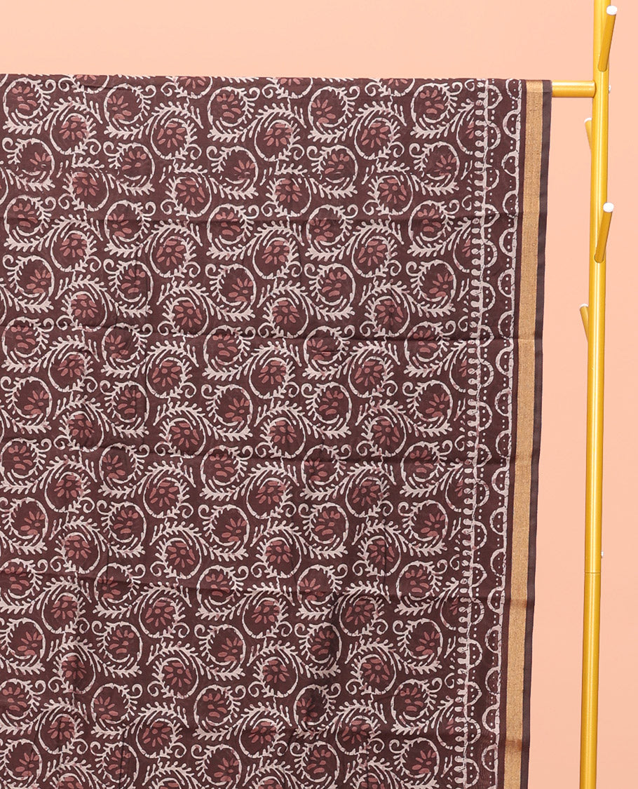 Brown Kanchi Cotton Saree, Decked Up with Floral Print All Over Its Body, a Subtle Self-Border, Pallu of Block Printed Geometric Designs, and Paired with a Contrast Blouse