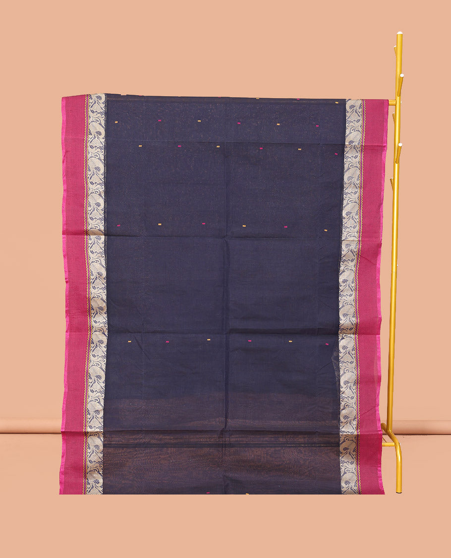 Blue Bengal Cotton Saree, Subtly Sparkled with Buttas, a Contrast Floral-Paisley Border, Pallu of Stripes and Buttas, and a Matching Blouse