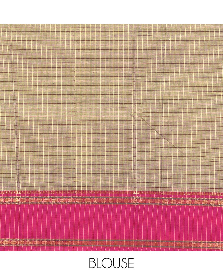 Mehendi Checked Mercerised Cotton Saree, Contrast Rettai Pettu Rudraksham-Temple Border, a Self-Pallu and a Matching Blouse