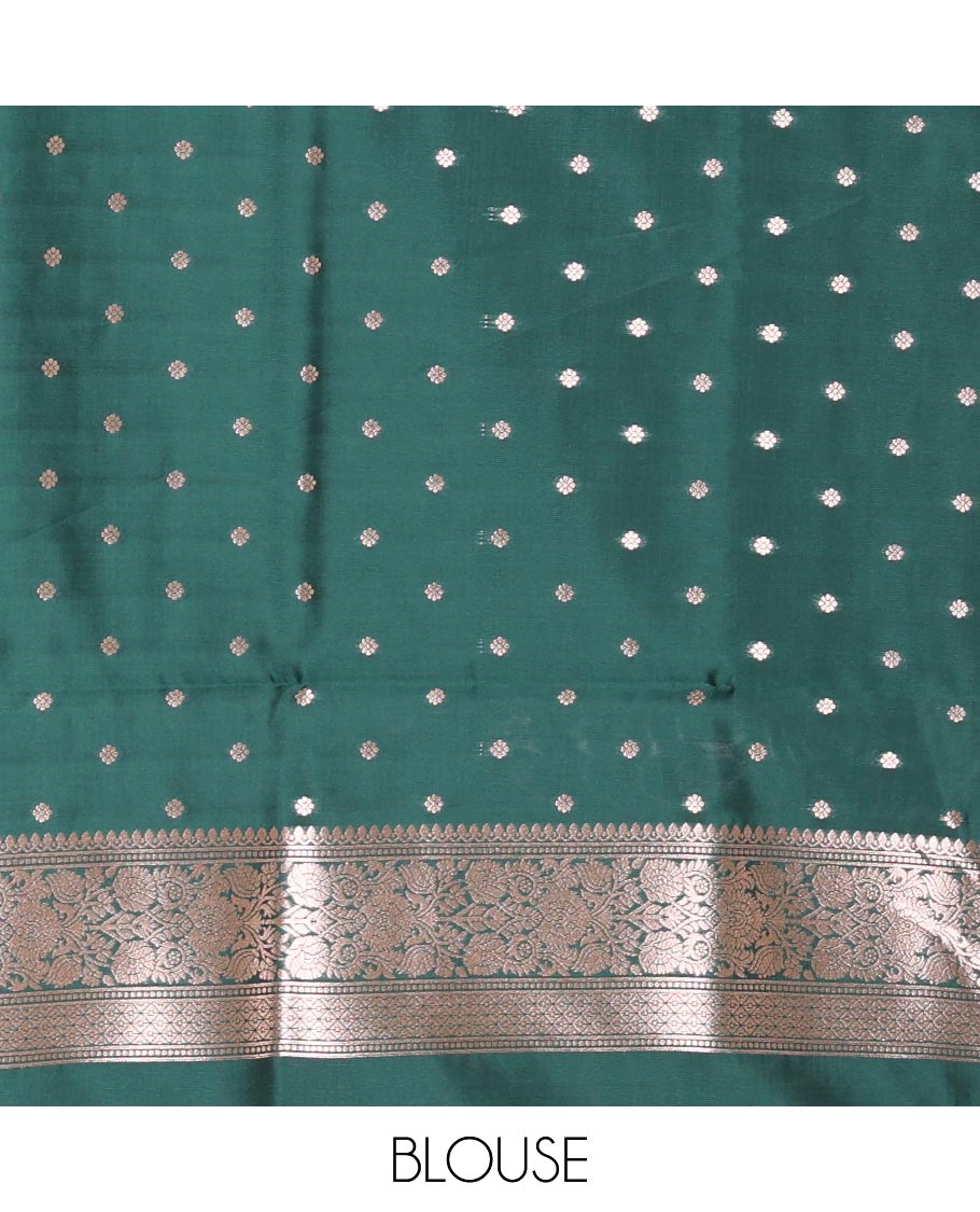 Green Elite Soft Silk Saree, Elevated with Rudraksham Zari Buttas, Traditional Zari Border, Rich Pallu, and a Matching Blouse