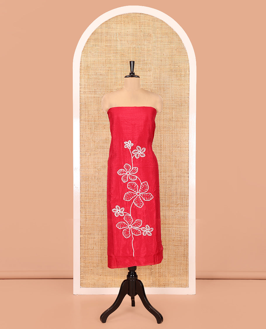 Red Material Chudidar Set, Delicately Woven with Floral Thread Embroidered Mul Chanderi Top, a Mul Chanderi Bottom, Paired with Floral Thread-Embroidered Mul Chanderi Dupatta