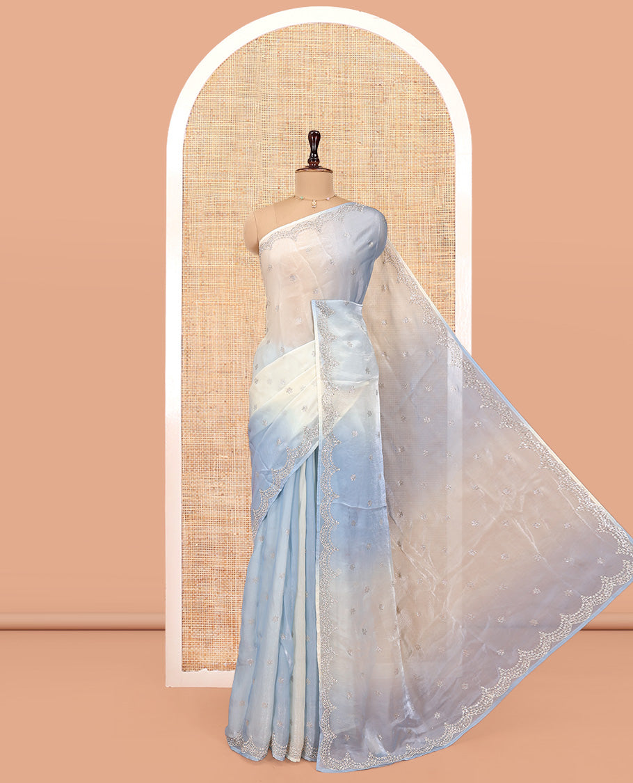 Blue and Cream Designer Saree, Richly Detailed with Stone Work On Its Body, Highlighted by Scallop Stone Work Border, and Paired with a Matching Blouse