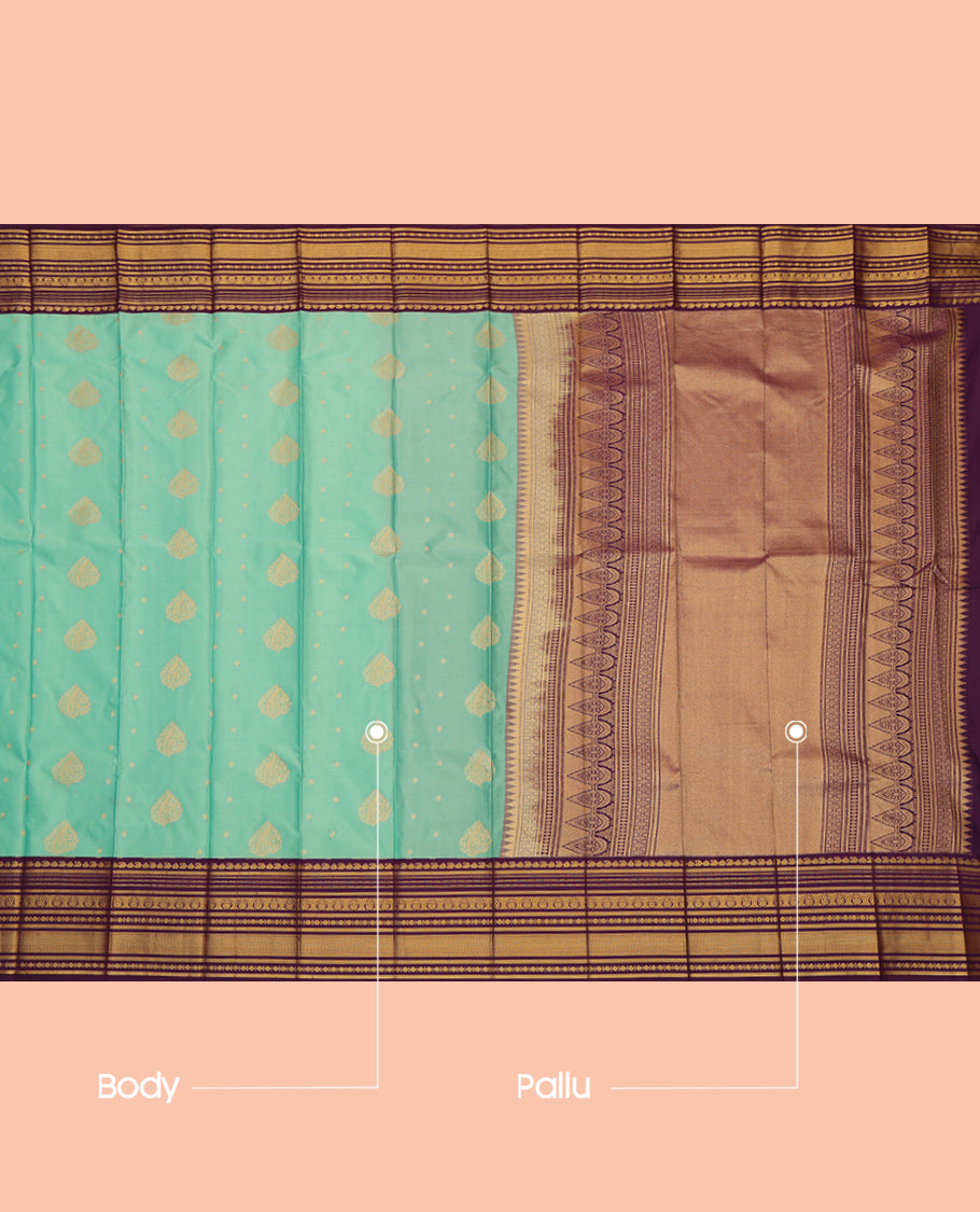 Turquoise Budget Silk Saree, Sparsely Threaded with Zari Buttas, a Contrast Traditional Zari Border, Grand Pallu, and a Contrast Blouse