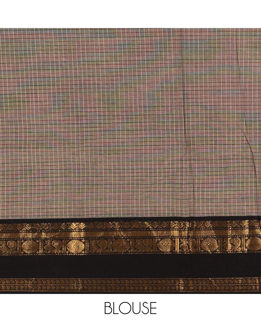 Beige Checked Chettinad Cotton Saree, Adorned with Contrast Ganga Jamuna Rettai Pettu Peacock Chakram Border, Subtly Zari Striped Pallu, and a Matching Blouse