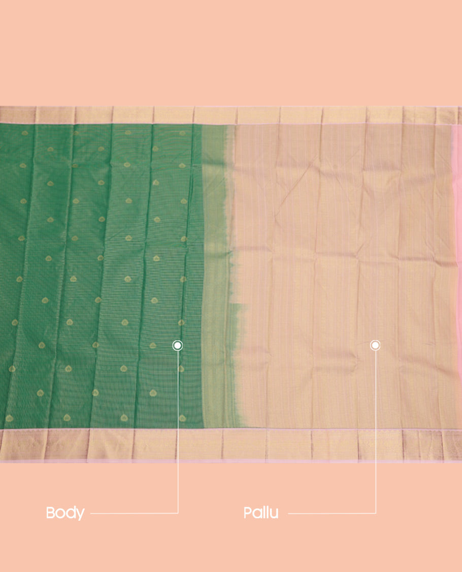 Green Budget Silk Saree, Detailed with Zari Buttas and Checks, Complemented by a Contrast Traditional Zari Border, Grand Pallu, and Contrast Blouse