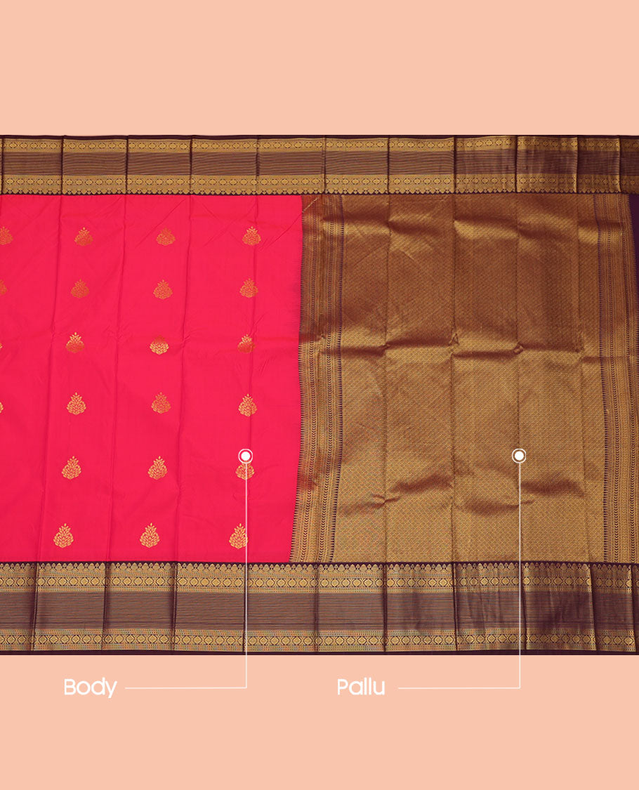 Pink Budget Silk Saree, Elevated with Zari Buttas, Contrast Traditional Zari Design Border, Grand Pallu, and a Contrast Blouse