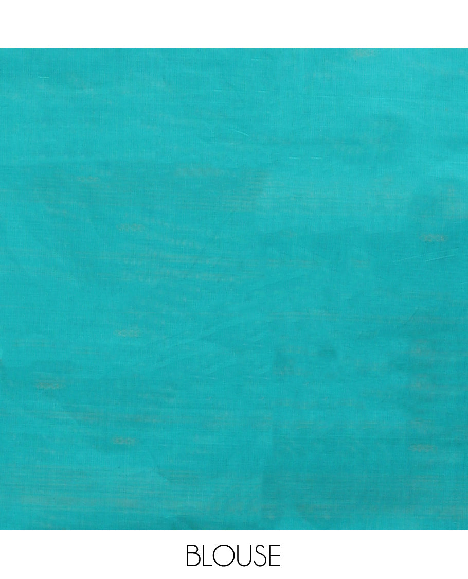 Blue Chettinad Cotton Saree, Bedecked with Thread Buttas All Over Its Body, Complemented by a Contrast Kal Eragina Border of Kodi Peacock and Elephant Designs, Pallu of Buttas and Stripes, and Paired with a Matching Blouse