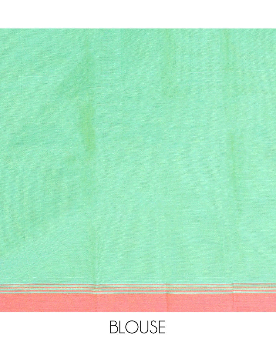 Green Kanchi Cotton Saree, Ornamented with Buttas All Over Its Body, Complemented by a Contrast Border, Pallu of Geometric Designs, and Paired with a Matching Blouse