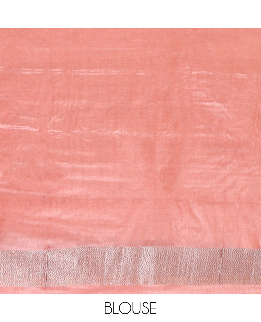 Borderless Peach Tusser Silk Saree, Embellished with Zari Stripes and Temple Design, a Grand Jaal Pallu, and a Matching Blouse