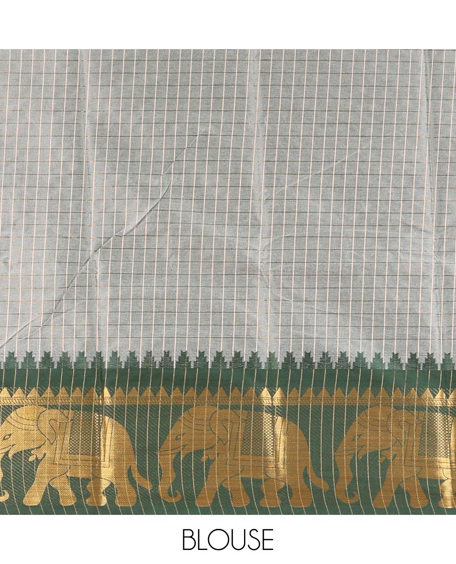 White zari checked design dola silk saree with contrast elephant design border & chit pallu along with checked design blouse
