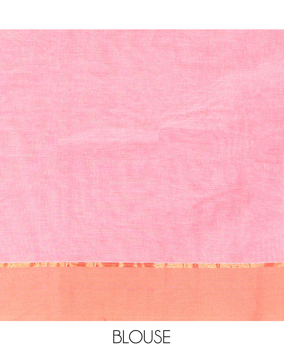 Pink Kanchi Cotton Saree, Adorned with Buttas, Contrast Paisley and Temple Design Border, Pallu of Floral and Peacock Design, and a Matching Blouse