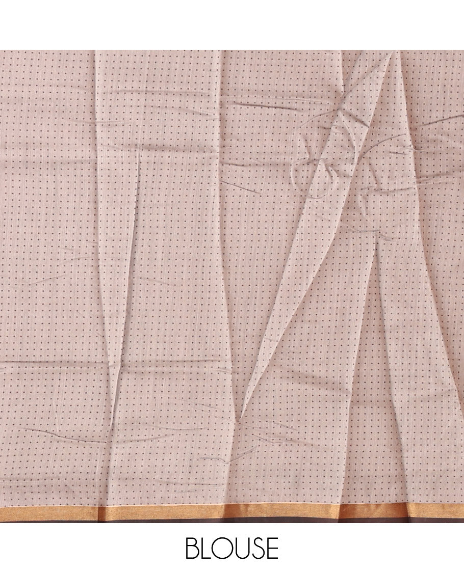 Brown Kanchi Cotton Saree, Decked Up with Floral Print All Over Its Body, a Subtle Self-Border, Pallu of Block Printed Geometric Designs, and Paired with a Contrast Blouse