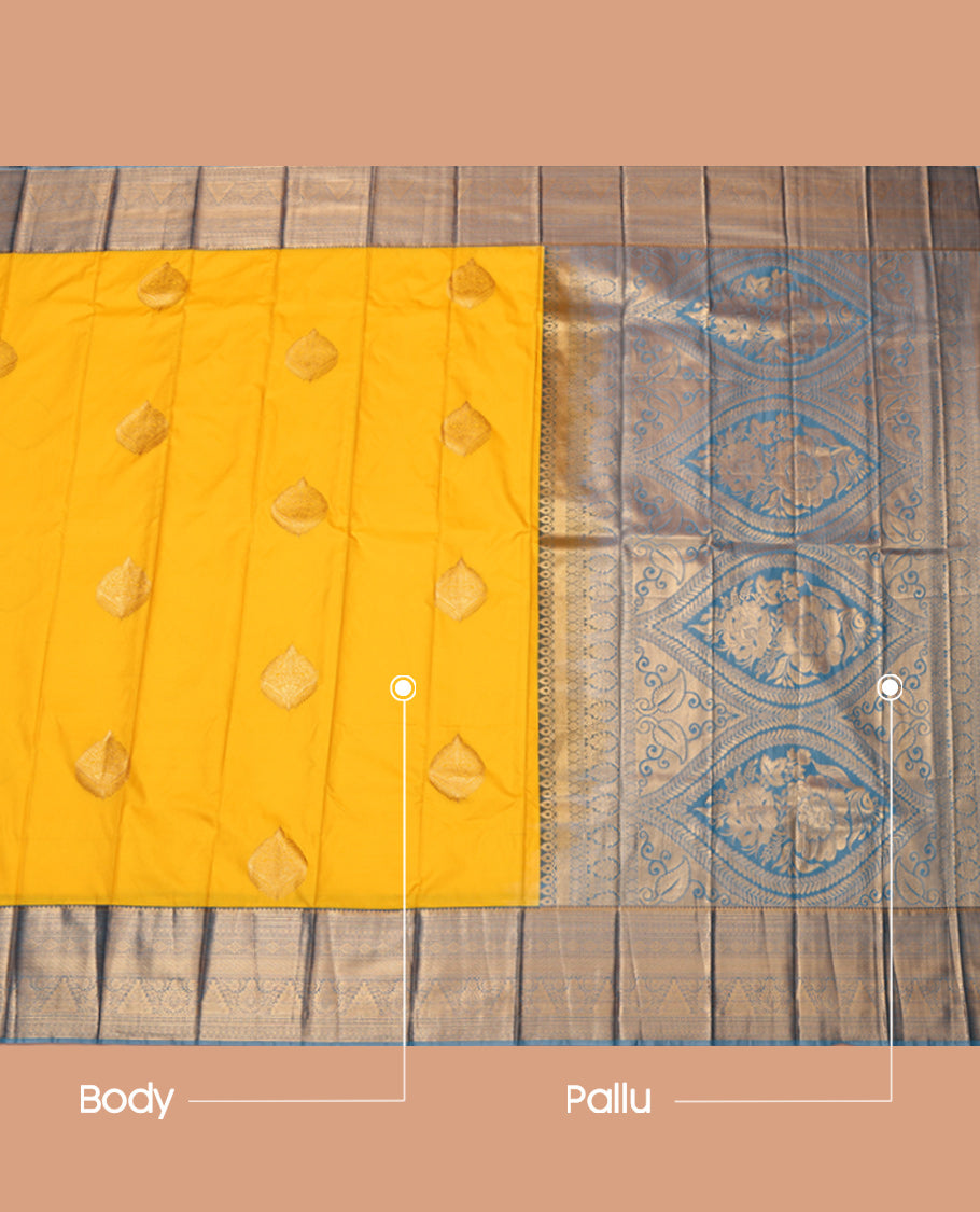Yellow Budget Silk Saree, Subtly Woven with Zari Buttas, Complemented by Contrast Traditional Zari Border, Grand Pallu and a Contrast Blouse