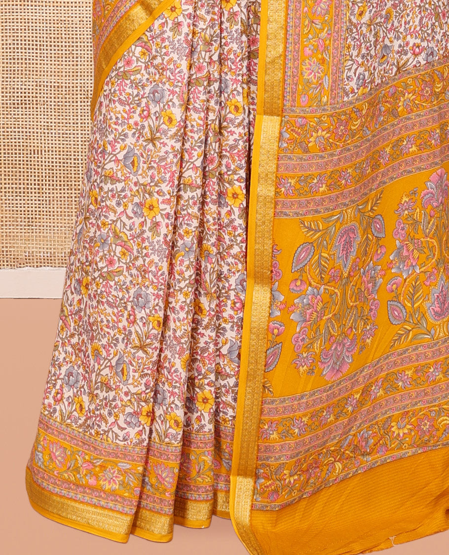 Off White Printed Silk Saree, Decorated with Floral-Vine Print, a Contrast Traditional Zari Border, Floral Pallu, and a Contrast Blouse