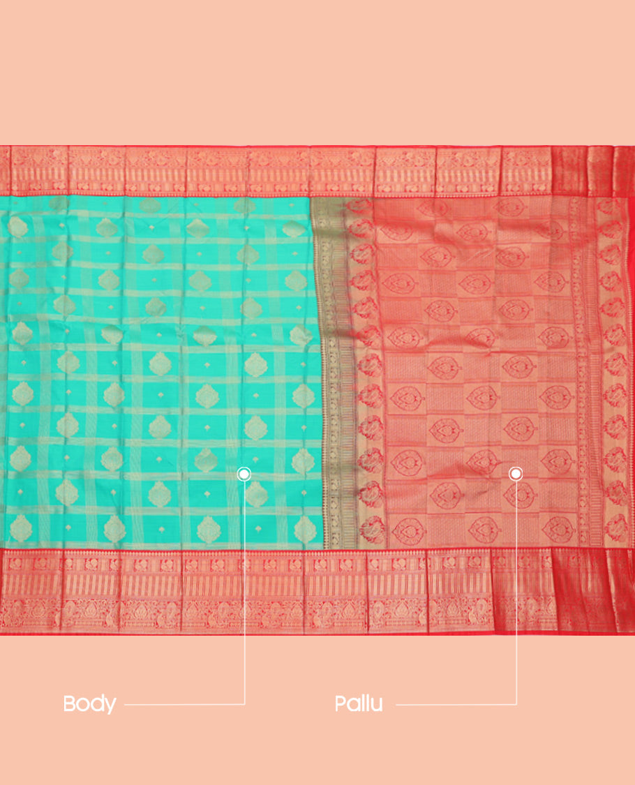 Green Budget Silk Saree, Accentuated with Zari Butta Enclosed Checks, Complemented by Contrast Traditional Zari Border, Grand Pallu, and Contrast Blouse