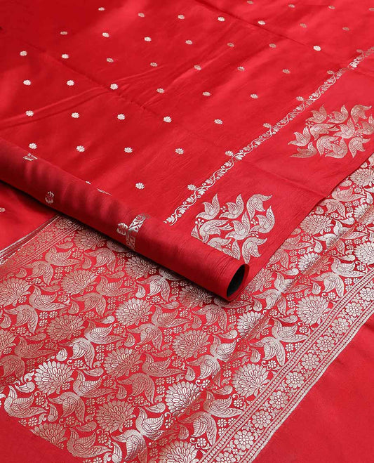 Red floral motifs banaras dupion silk saree with self zari design border & floral design pallu