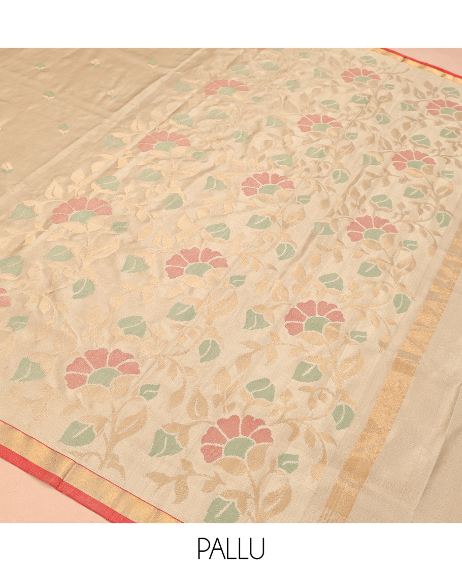 Light Gold Uppada Silksaree, Adorned with Meena Floral Buttas, Contrast Zari Border, and a Plain Blouse