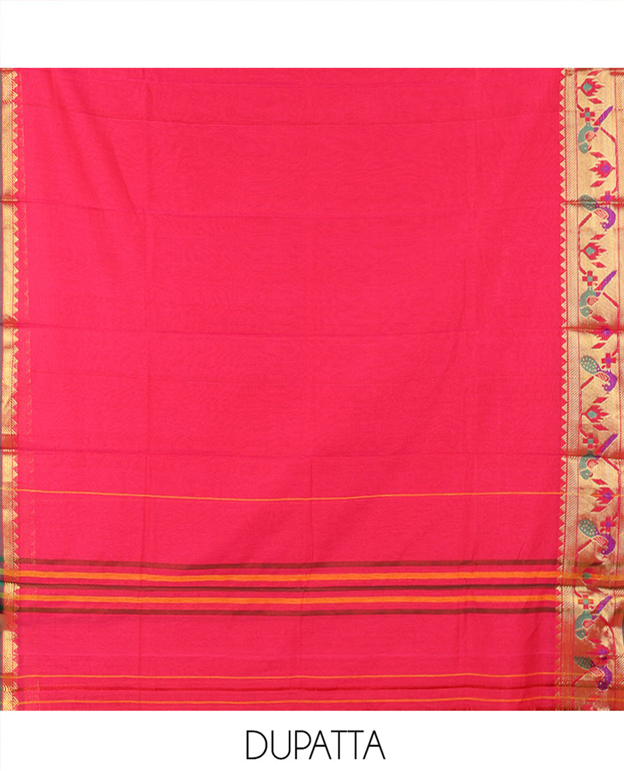 Pink Mercerised Cotton Material Chudidar Set, Accentuated with Paithani Bordered Top, a Mercerised Cotton Bottom, and Paired with a Matching Mercerised Cotton Paithani Bordered Dupatta