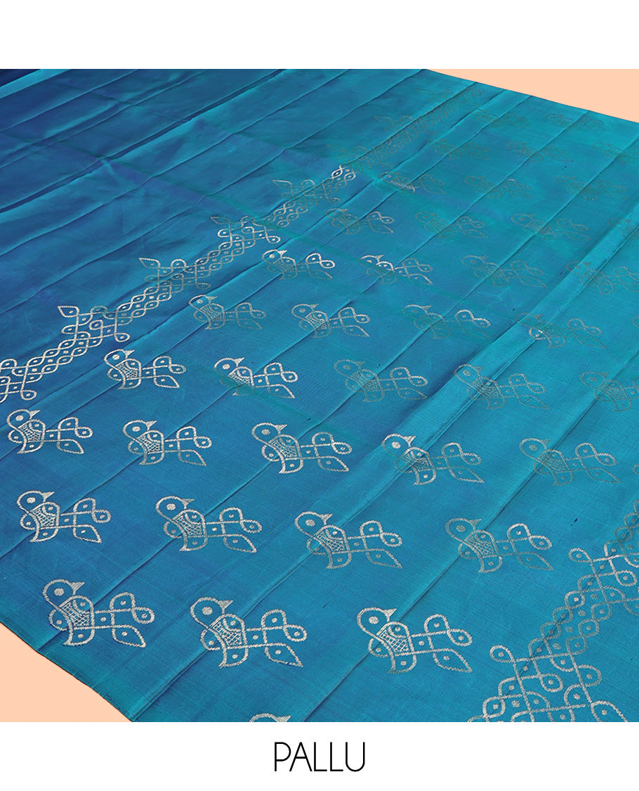 Blue Mayuri Soft Silk Saree, Traditionally Woven with Pakshi Kolam Design On Its Border, Pallu Features Pakshi Kolam, and Paired with a Matching Blouse
