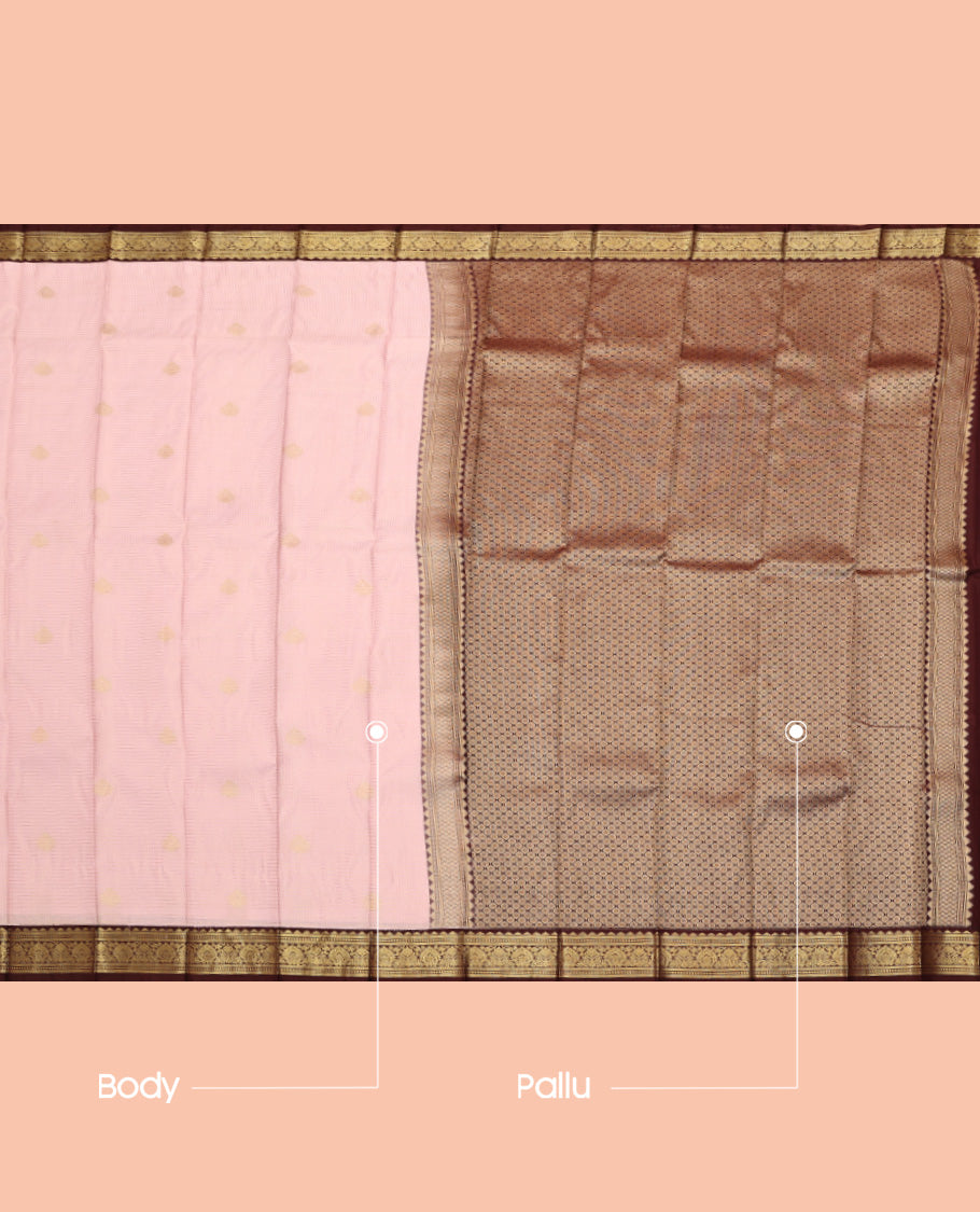 Baby Pink Budget Silk Saree, Subtly Sparkled with Zari Buttas and Checks, Complemented by a Contrast Traditional Zari Border, Grand Pallu, and a Contrast Blouse