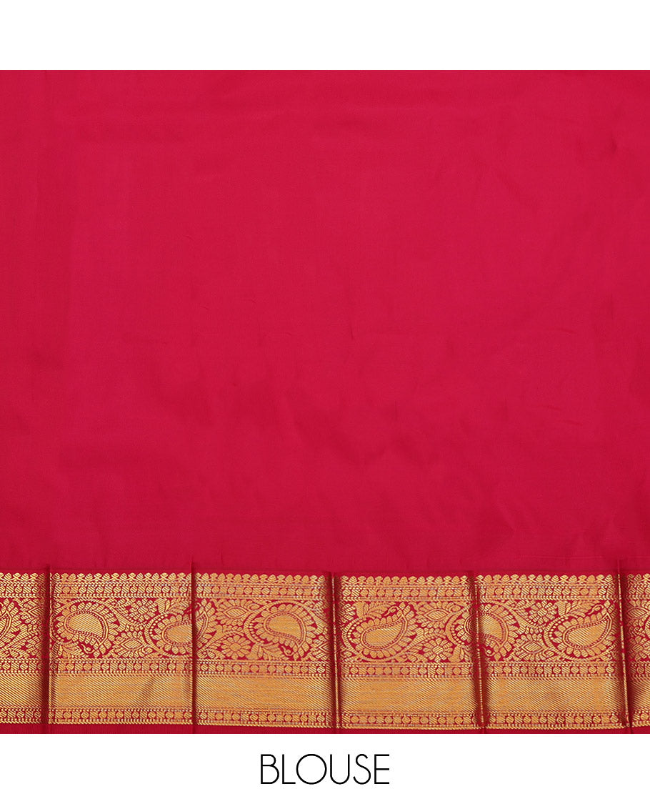 Navy Blue Budget Silk Saree, Adorned with Zari Buttas on Its Body, Complemented by a Contrast Traditional Zari Border of Paisleys, Intricately Designed Pallu, and Paired with a Contrast Blouse