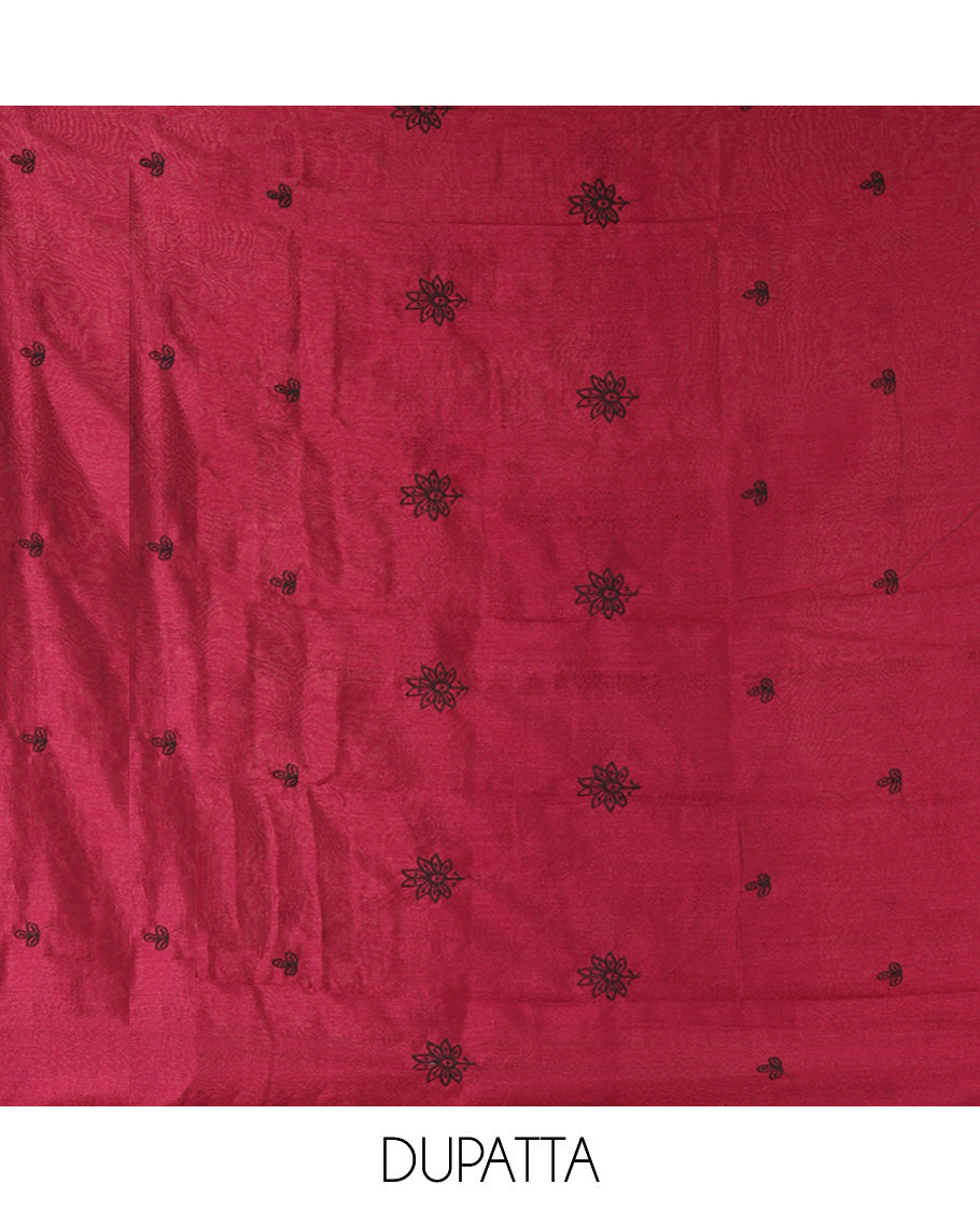 Magenta Vichitra Silk Material Chudidar Set Featuring Sequins-Thread-Embroidered Top, a Santoon Bottom, and a Matching Scallop-Embroidery Dupatta