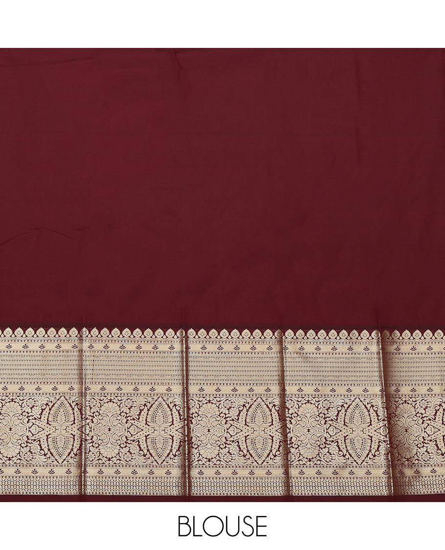 Mustard Budget Silk Saree, Steeped in Richness of Zari Buttas on Its Body, Complemented by a Contrast Traditional Zari Design Border, Pallu of Geometric Design, and Paired with a Contrast Blouse