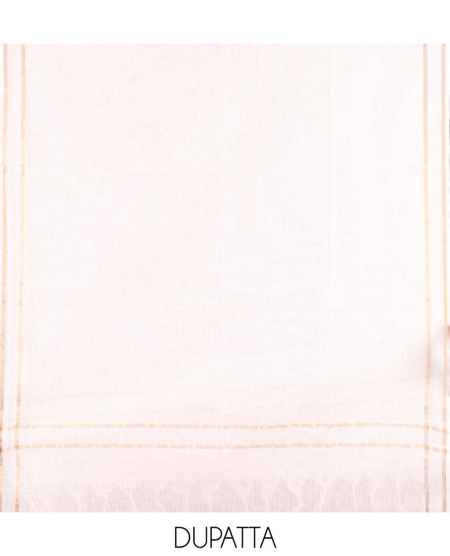Red Handloom Cotton Material Chudidar Set Featuring Butta Enclosed Checked Top, Heathered Bottom, and Dual-Color Dupatta