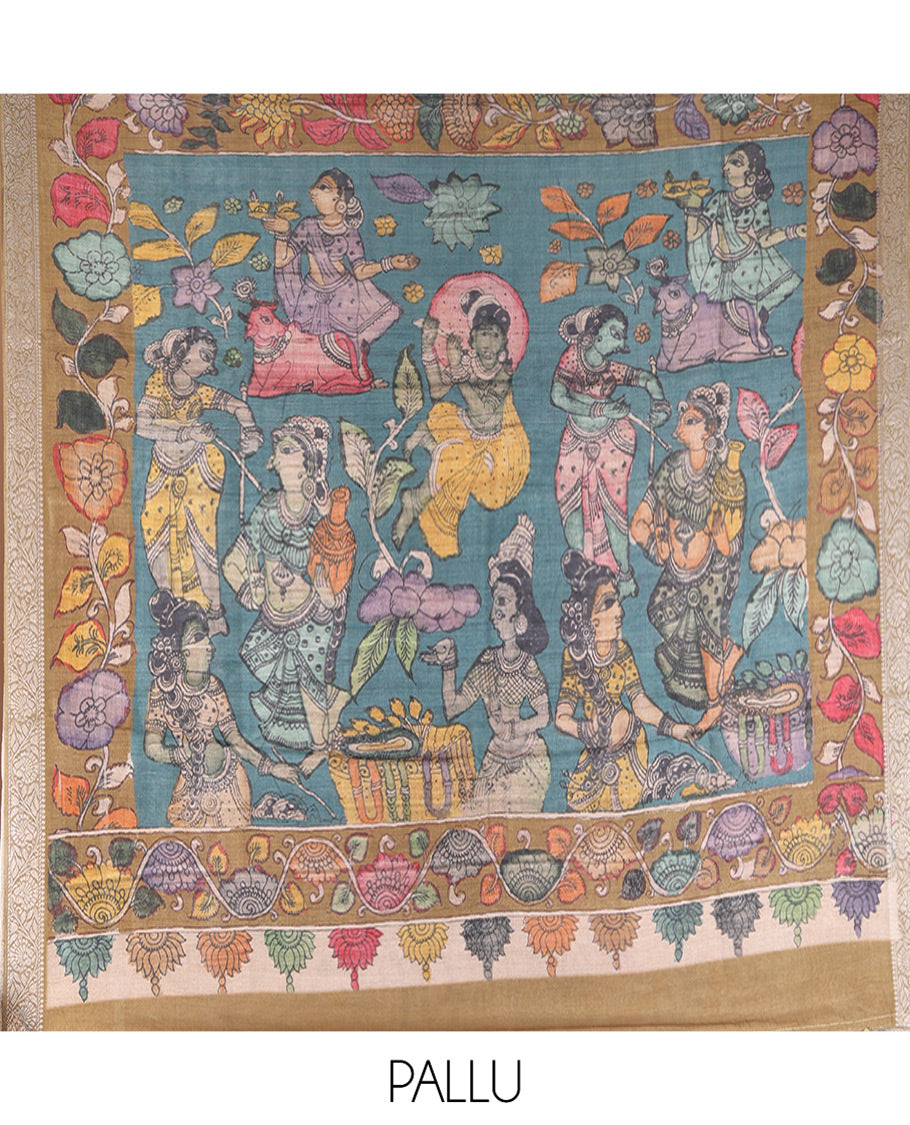 Sandal Kalamkari Printed Fancy Tussar Saree