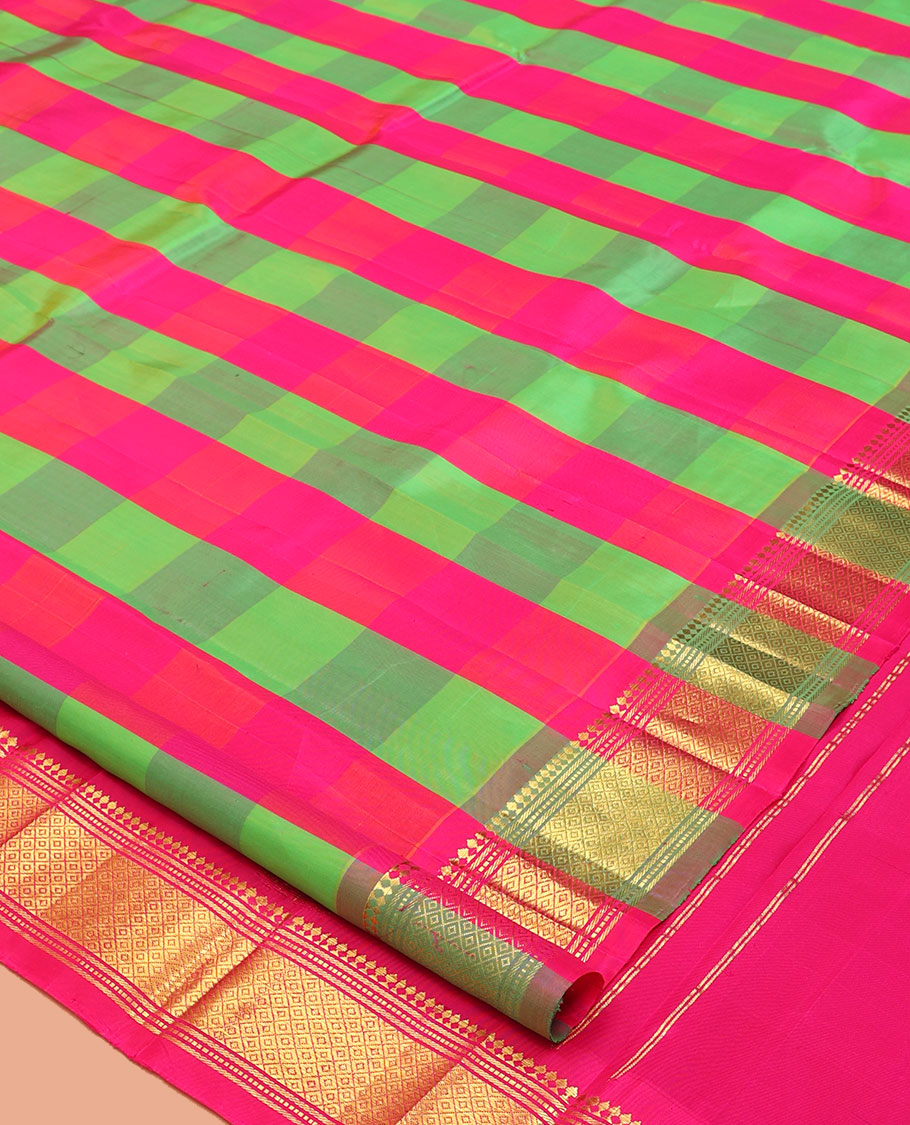Multi-Color Checked Kanchipuram Silk Saree Features a One-Sided Zari Border of Paneer Sombu, Banaras, Muthu, and Mayil Kann Designs, Zari Design Pallu, and No Blouse