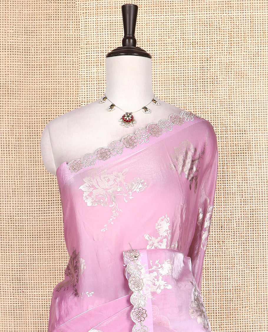 Pink rose floral motifs foil printed designer saree, scallop floral micro-stone work border