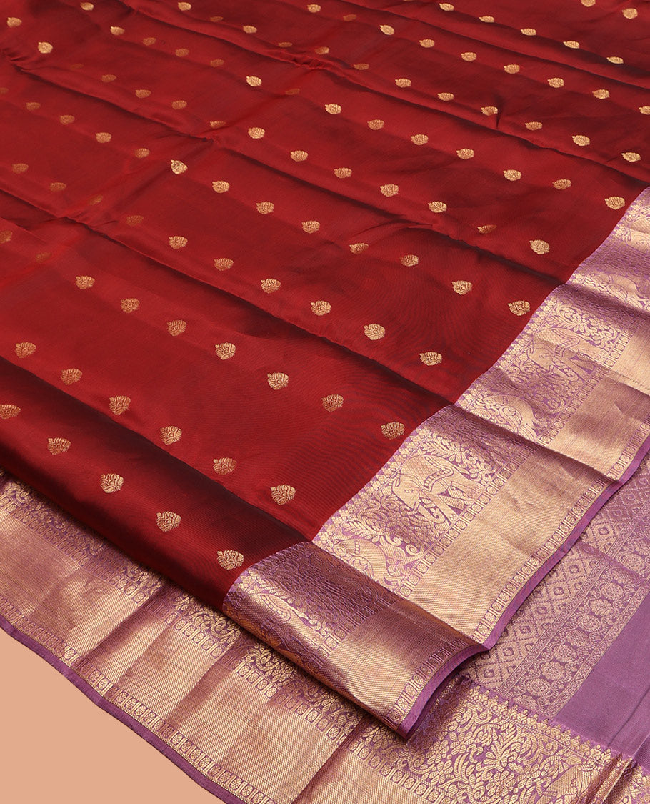 Red Vasundhara Lite-Silk Mix Saree, Graced with Zari Buttas, Contrast Border of Yaanai and Mayil Design, Grand Pallu, and a Contrast Blouse