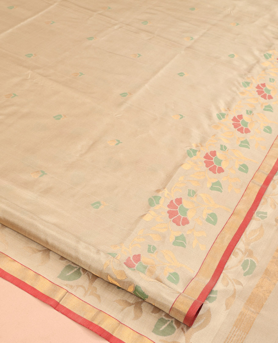 Light Gold Uppada Silksaree, Adorned with Meena Floral Buttas, Contrast Zari Border, and a Plain Blouse