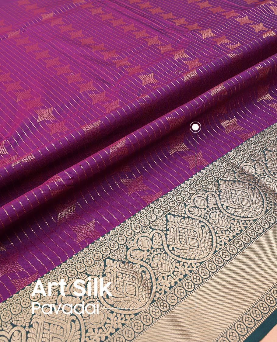 Purple Art Silk Pavadai Material Set Detailed with Zari Design on Its Skirt, Complemented by a Contrast Traditional Zari Design Border, and Paired with a Contrast Blouse