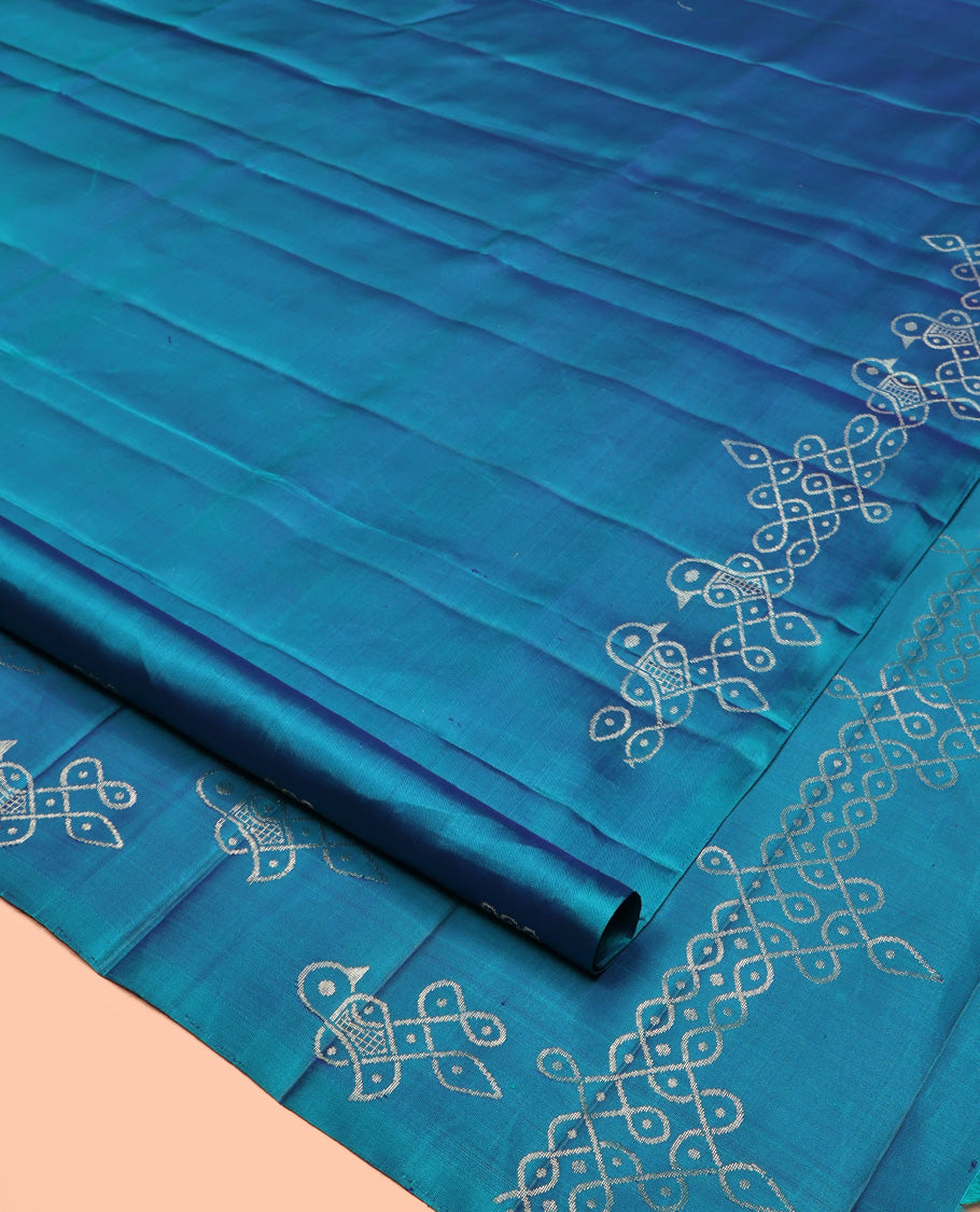 Blue Mayuri Soft Silk Saree, Traditionally Woven with Pakshi Kolam Design On Its Border, Pallu Features Pakshi Kolam, and Paired with a Matching Blouse
