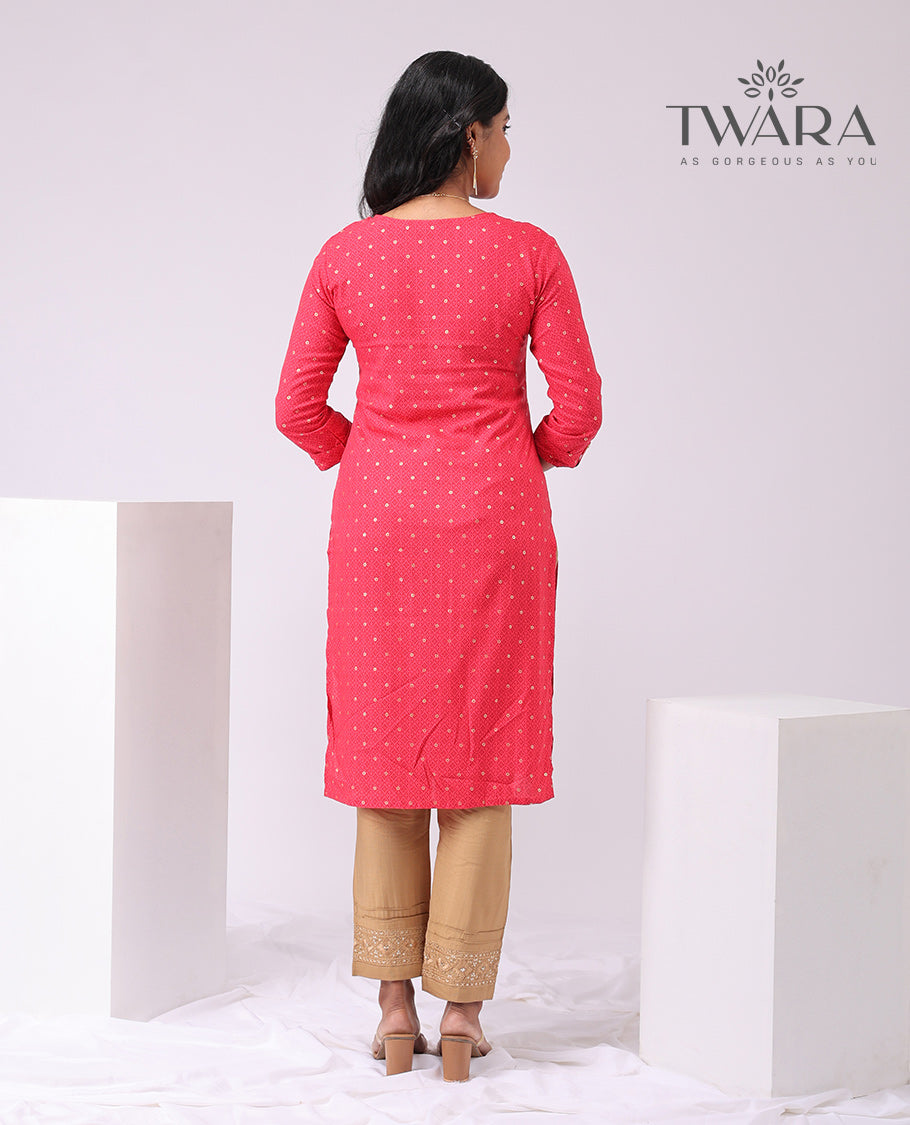 Twara Red round motifs round neck , knee lenght , 3/4 th sleeve kurti