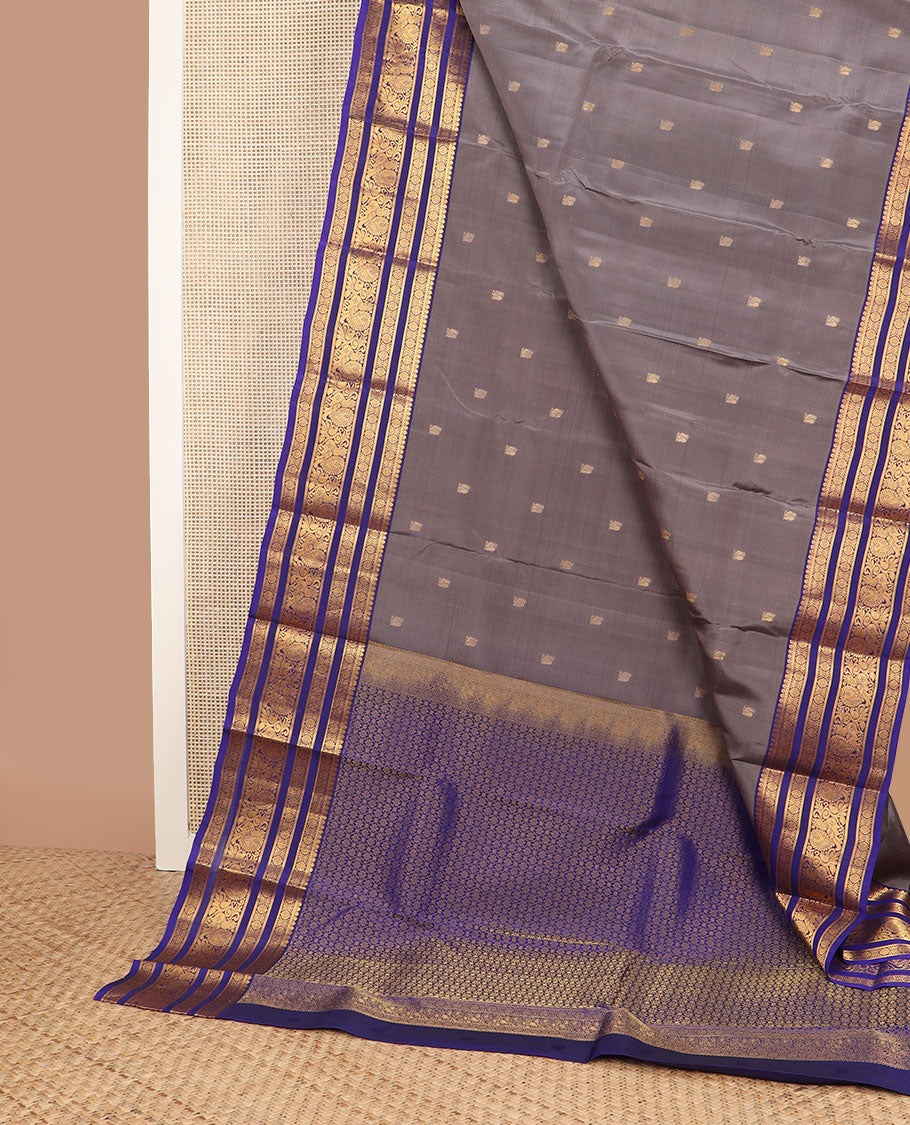 Grey mayil zari buttas vasundhara silk mix saree, contrast jaal pallu & border of laddu kamalam,banaras & mayil designs